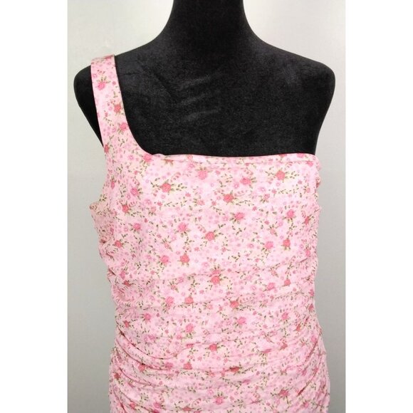 Elegant Womens Pink Floral One-Shoulder Ruched Midi Dress By Likely Size 12 Sexy - Picture 12 of 15